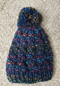 Beanie Knit Hat Girls Boys Youth Toddler One Size Handmade Blue Pom Chunky Cap