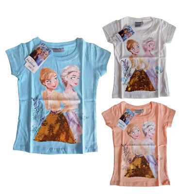 T-shirt Disney Frozen Elsa Regina Di Ghiaccio Paillettes Manica Corta Taglia 98-134 Cm | JV28 • 7.90€