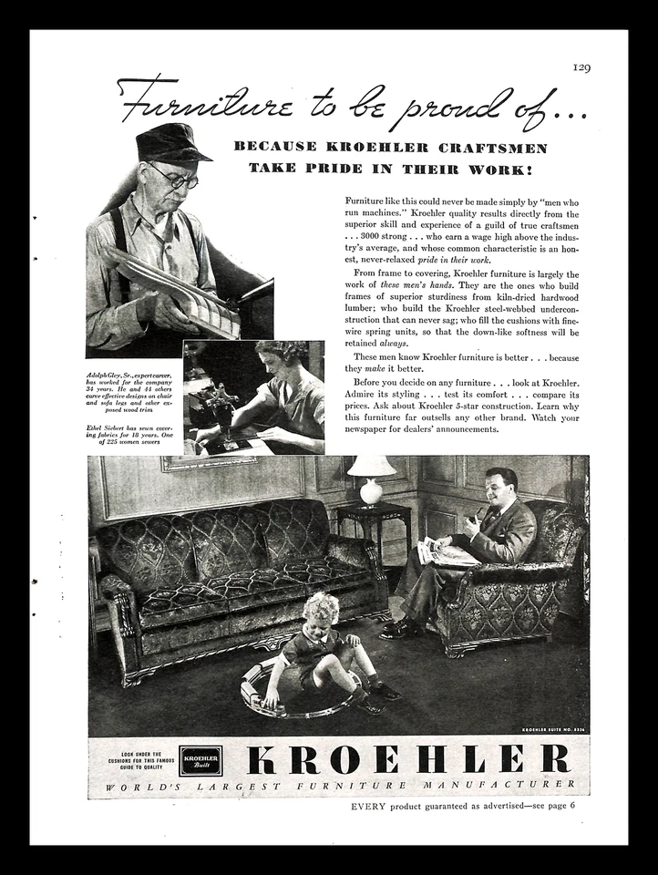Kroehler 1937 fabricante de muebles vintage anuncio impreso Craftsmen Family Home años 30 Foto 1 de 1