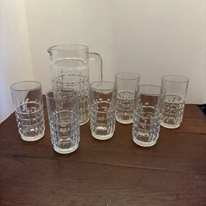 Vintage Luminarc Gothique Cube/Square Pattern Clear Glass Pitcher & 6 Glass Set - Picture 1 of 17