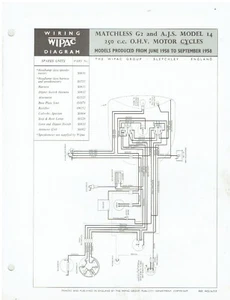 MATCHLESS G2/A.J.S MODEL 14 1958 WIPAC AC BELEUCHTUNG SCHALTPLAN BULLETIN - Bild 1 von 1