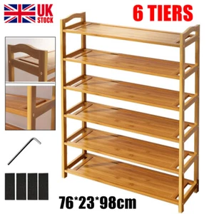 6 TIERS BAMBOO SHOE RACK FOOTWEAR ORGANISER WOODEN STORAGE SHELVE STAND SHELF UK - Picture 1 of 9