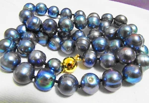 HUGE 12MM SOUTH SEA NATURAL BLACK GRAY BLUE BAROQUE PEARL NECKLACE 14K - Picture 1 of 3