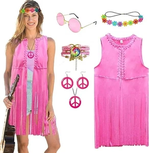 70s women hippie Costumes fringe tassel vest Bohe headband Hippie Party outfit - Picture 1 of 19