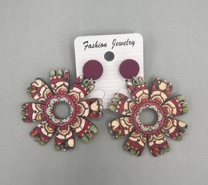 New Boho Hippie Chick Wooden Dangle stud Earrings Red Circle 2.25" long - Picture 1 of 2