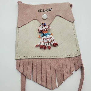 Vtg. Native American Fringe Suede Purse Seed Beaded Medallion Souvenir Oklahoma - Picture 1 of 6