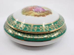 Meissner Limoges France Powder Dish – Fragonard Courting Scene Green & Gold Gilt - Picture 1 of 19
