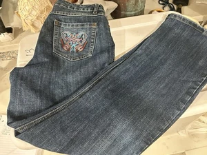 Baccini Jeans Womens 8 Blue Medium Wash Straight Cut Embroidered Bead - Picture 1 of 7