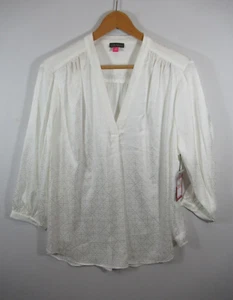 Vince Camuto Satin Popover Blouse Women 2X White Geometric V-Neck - Picture 1 of 9