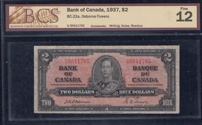 1937 Bank of Canada $2 - BCS Fine 12 - Osborne - Image 1 of 2