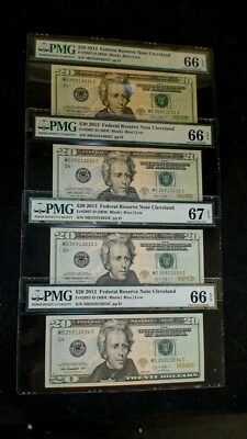 4 CONSECUTIVE 2013 Twenty Dollar PMG GEM 66 & 67 EPQ NOTES CLEVELAND $20 BILLS! - Image 1 of 4