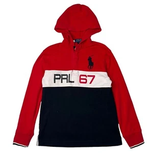 Polo Ralph Lauren PRL 67 Rugby Sweatshirt 1/4 Zip Hooded Red Black Boys M Medium - Picture 1 of 6