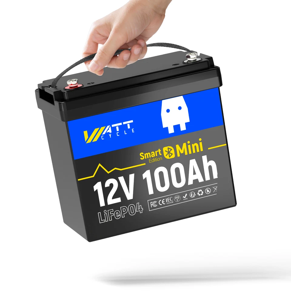 WATTCYCLE 12V 100Ah Mini Bluetooth LiFePO4 Lithium Battery 6000+ Cycles BMS RV Solar Panel