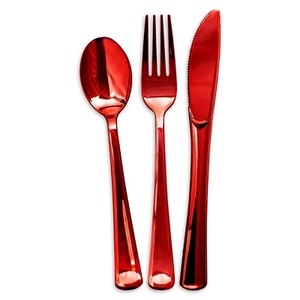 600 PCS Shiny Metallic Red Disposable Plastic Cutlery Set - Spoon Fork Knife - Picture 1 of 17
