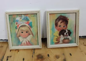 Bundle 2 Vintage 1960s Kitsch Soulet Child Mini Portrait Paintings Prints - Foto 1 di 3