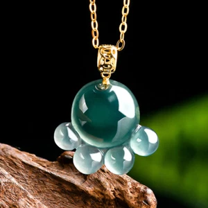 Real Grade A Natural Blue Jade Jadeite 18K Clasp Lucky Cat Claw Pendant - Picture 1 of 8