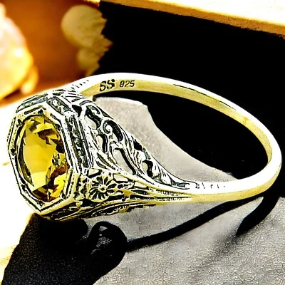 ART DECO STYLE GENUINE CITRINE 925 STERLING SILVER SOLITAIRE FILIGREE RING  #133 - Image 1 of 3