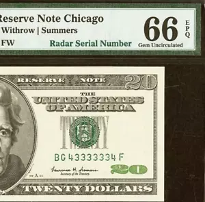 1999 $20 Federal Reserve Note PMG 66EPQ rare super radar serial number 43333334 - Picture 1 of 3