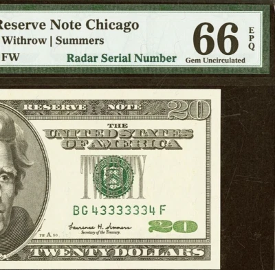 1999 $20 Federal Reserve Note PMG 66EPQ rare super radar serial number 43333334 - Image 1 of 3