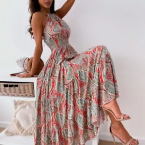 Halter Maxi Abito Sexy Stampa Floreale Schienale Bohemien Beach Dress Estate Donna - Foto 1 di 9