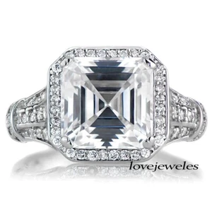 Enorme anillo de compromiso de plata 925 con halo de diamantes talla Asscher creado en laboratorio de 5 quilates - Imagen 1 de 7