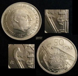Gutse FRANCO-1567, 50 Pesetas 1957 67, Erreur, Deux Plumes En Aile, Sans Cercle - Picture 1 of 1