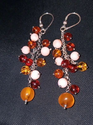 orecchini argento 925 ambra e corallo rosa - Immagine 1 di 4