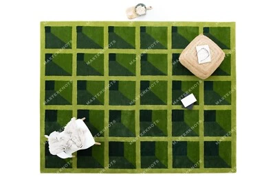 Indian Green Area Wool Rugs Hand Tufted Geometric Hippie Carpet 8 x 10 Feet - Image 1 of 4