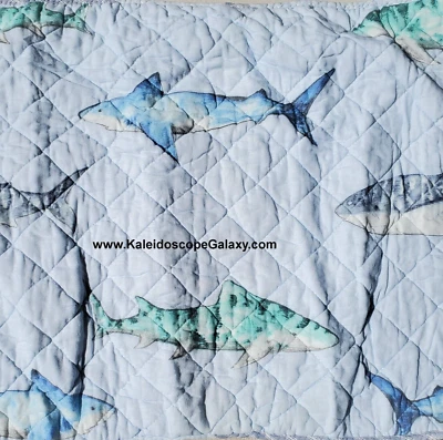 SHARK 8pc TWIN QUILT ~ Boat House ~ Sharks Blue Green Sham Sheets Throw Pillow - Image 1 of 4