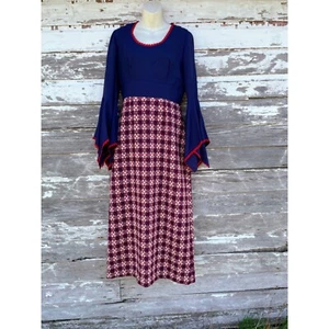 Vintage 1970s MOD Blue And Red Maxi Dress Full Drape Sleeves - Picture 1 of 23