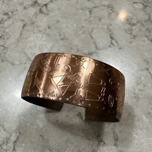Genuine Copper Cuff 6” Bracelet, 1” Wide Hieroglyphics Vintage - Picture 1 of 4
