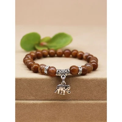 Elephant Charm Brown Beaded Stretch Bracelet Silvertone Lucky Lightweight Fshion - Image 1 of 4