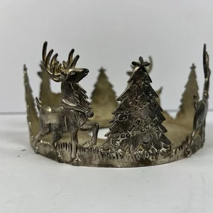 Vtg International Silver Reindeer Tree Pillar Candle Holder Christmas Holiday - Picture 1 of 8