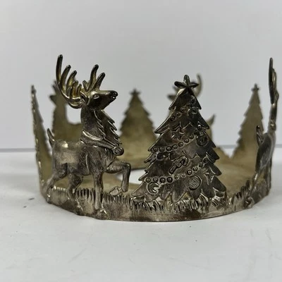 Vtg International Silver Reindeer Tree Pillar Candle Holder Christmas Holiday. - Image 1 of 4