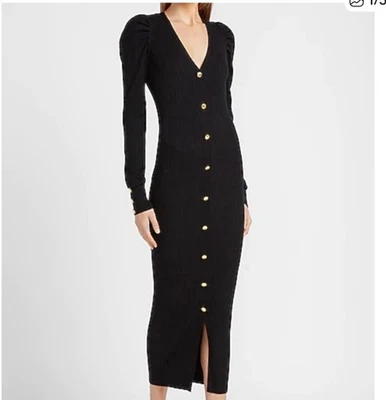 Nuevo vestido Express mangas abullonadas con botones grande negro para mujer Foto 1 de 4