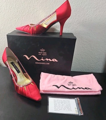 Zapatos de noche Nina satinados plisados estrás rojos rouge tacones con bolso talla 6 Rtl $70 Foto 1 de 4