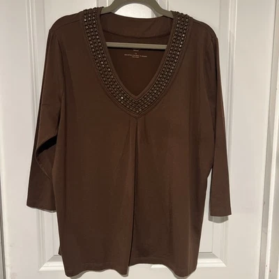 Talbots Mujer’s 1x Marrón Mezcla Algodón V-Nexk Con Detalle Botones  Foto 1 de 4