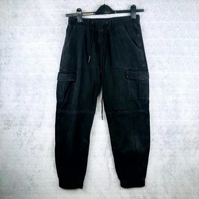 Shein Jogger Cargo Pantalon Femme S/M Noir Denim Taille Élastique Poches Cordon - Photo 1/4