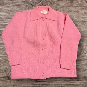 VINTAGE 70s Sears Sweater Womens Pink Acrylic Knit Wood Button Up Cardigan 40 - Picture 1 of 6