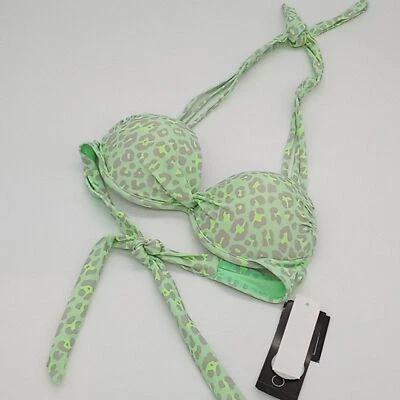 California Waves Bikini Top Juniors XS Leopard Lagoon Halter Twist Push-Up Green - Image 1 of 4