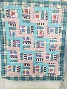 Handmade Baby Quilt Patchwork Crib Blue Pink Overalls Garden Flowers 35x44  - Picture 1 of 9