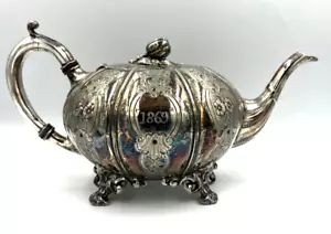 Antique Rare Silver Plated Pumpkin Teapot Acorn Finial Gourd Shaped & Footed - Picture 1 of 11