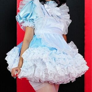 Sexy Sissy Maid Lockable blue Satin  Dress cosplay costume/