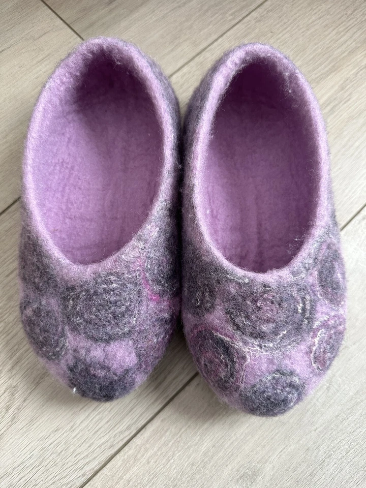 手工紫色羊毛家用拖鞋女式 US5-5.5 码 — 第 1/4 张图片