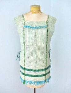 NWT Handmade Artisan Woven Wool Blue Green Hippy Poncho Vest Side Ties Fringe M - Picture 1 of 7