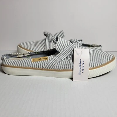 Tommy Bahama Women SZ 10 Slip On Sandals Gray White Striped Canvas Knot Coastal - Image 1 of 4