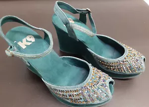 K9 Rocket Dog Teal Blue Suede Sequinned Gazz Wedge Sandals Sz 7M - Picture 1 of 9