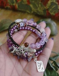 Gothic Witch Tarot Triple Moon Bracelet Pagan Wicca - Amethyst For Protection - Picture 1 of 7