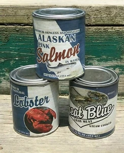 Seafood "Tin Can" Canister Set nautical coastal vtg kitchen diner staging decor - Picture 1 of 8