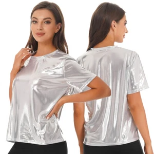 Women's Shiny Metallic T-shirt Rave Disco Clubwear Short Sleeve Round Neck Top - Picture 1 of 53